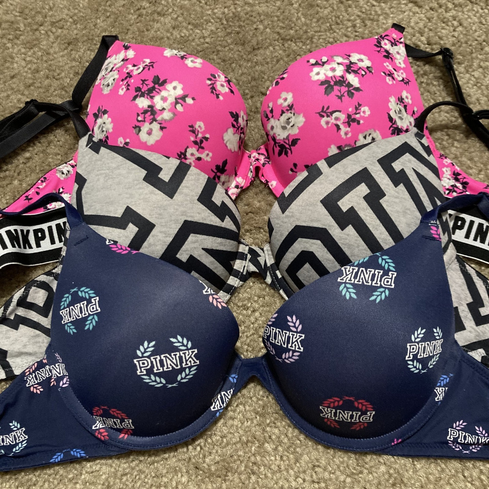 Victoria's Secret PINK Push-Up Bra *BUNDLE OF 3* Size 32B Floral & Logo Graphic